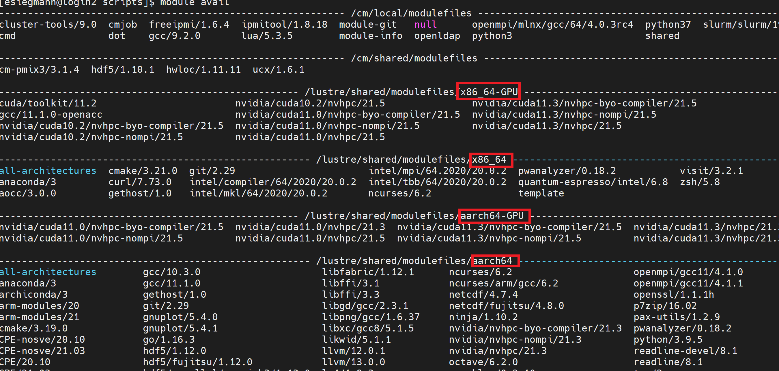 Terminal output of the module avail command listing available modules