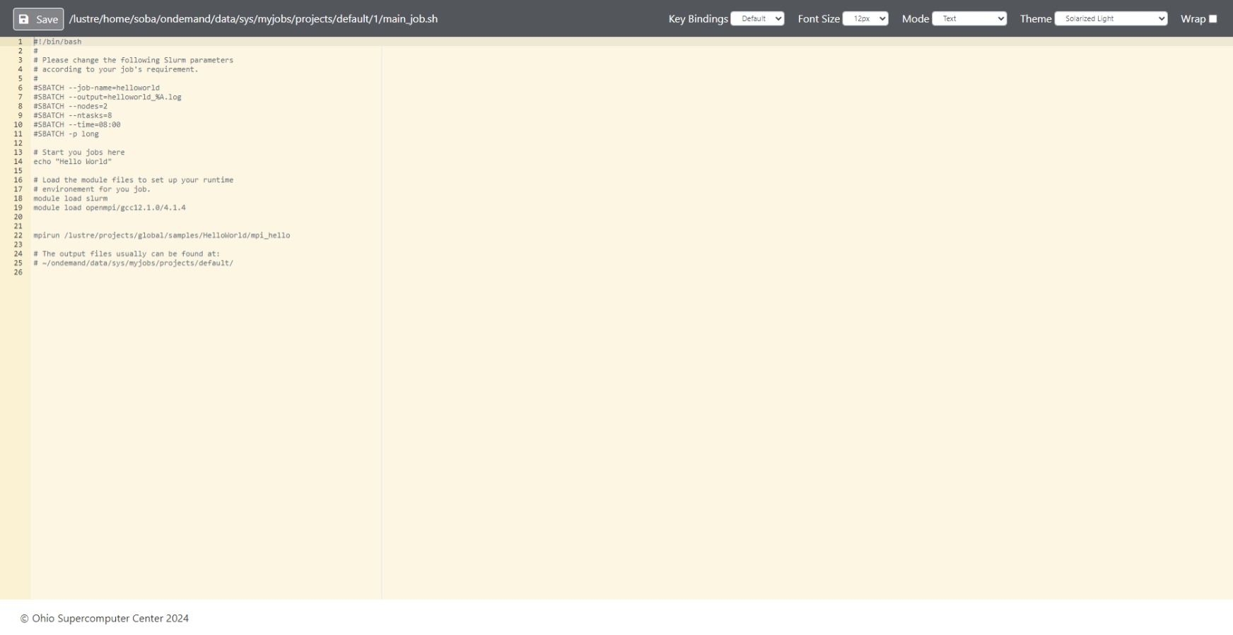 Open OnDemand text editor with a job script open