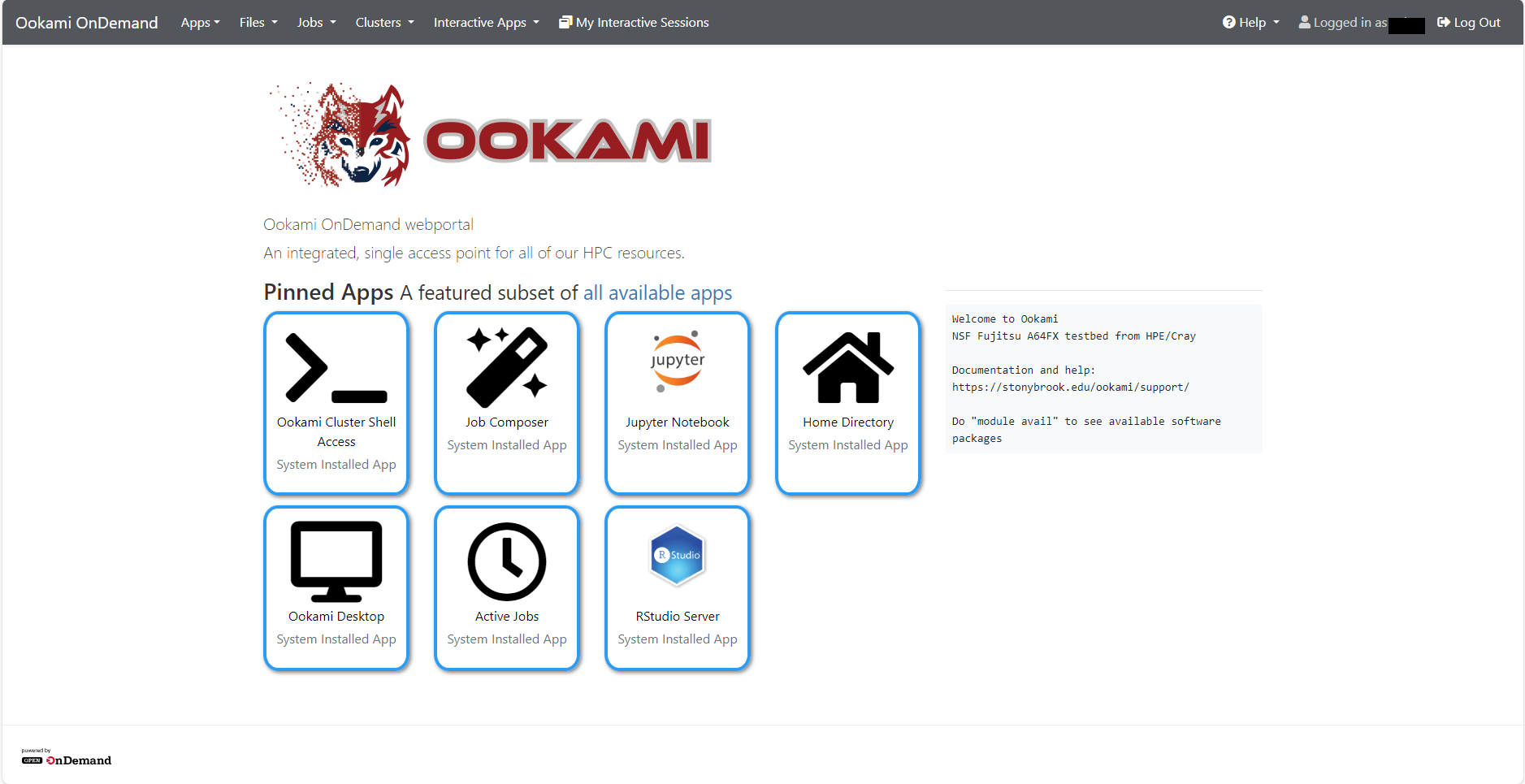 Open OnDemand dashboard with menus for files, jobs, clusters and interactive apps