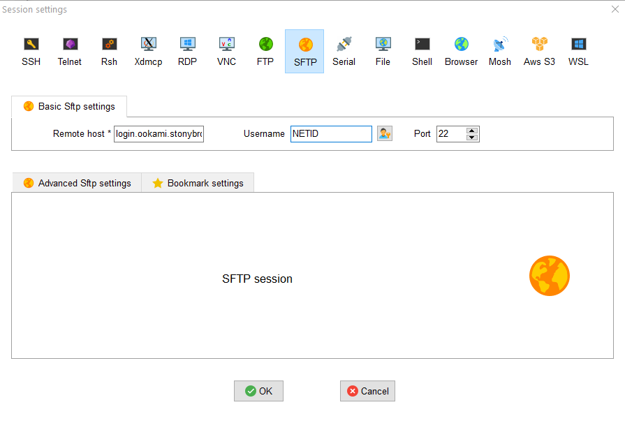 MobaXterm SFTP login dialog with the Ookami host and username filled in