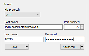 WinSCP login dialog configured for SFTP to Ookami